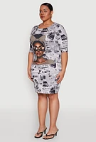 Womens Plus Size Girl Boss Newspaper Print T Shirt Dress, Multi, Size 1X