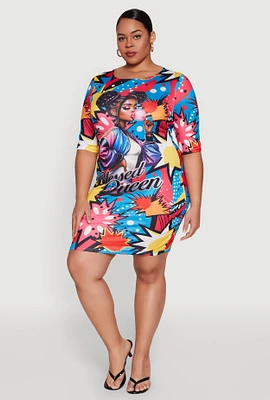 Womens Plus Size Blessed Queen Pop Art T Shirt Dress, Multi, Size 2X