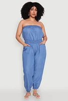 Womens Plus Size Smock Waist Jumpsuit, Blue, Size 2X
