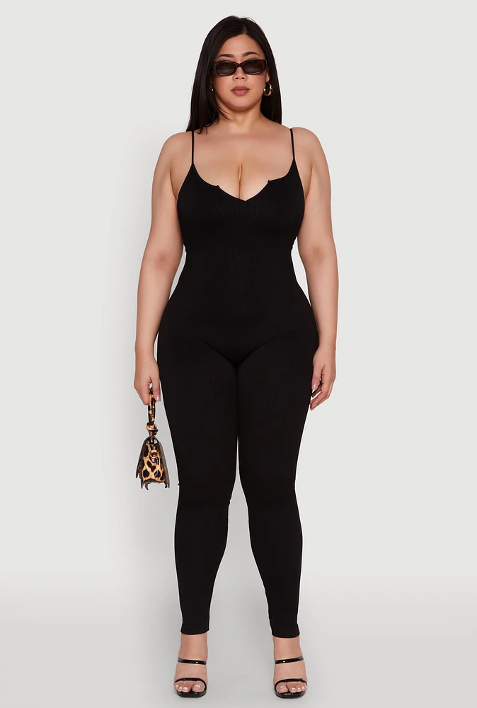 Womens Plus Size Ribbed Knit Sleeveless Jumpsuit with Notch Neck, Black, Size 3X-4X