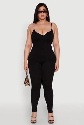 Womens Plus Size Ribbed Knit Sleeveless Jumpsuit with Notch Neck, Black, Size 3X-4X