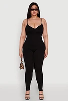 Womens Plus Size Ribbed Knit Sleeveless Jumpsuit with Notch Neck, Black, Size 3X-4X