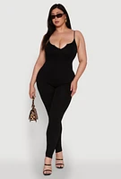 Womens Plus Size Ribbed Knit Sleeveless Jumpsuit with Notch Neck, Black, Size 3X-4X
