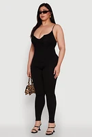 Womens Plus Size Ribbed Knit Sleeveless Jumpsuit with Notch Neck, Black, Size 3X-4X
