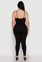 Womens Plus Size Ribbed Knit Sleeveless Jumpsuit with Notch Neck, Black, Size 3X-4X