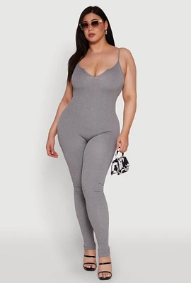 Womens Plus Size Ribbed Knit Sleeveless Jumpsuit with Notch Neck, Grey, Size 1X-2X