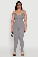 Womens Plus Size Ribbed Knit Sleeveless Jumpsuit with Notch Neck, Grey, Size 1X-2X