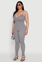Womens Plus Size Ribbed Knit Sleeveless Jumpsuit with Notch Neck, Grey, Size 1X-2X