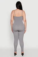 Womens Plus Size Ribbed Knit Sleeveless Jumpsuit with Notch Neck, Grey, Size 1X-2X
