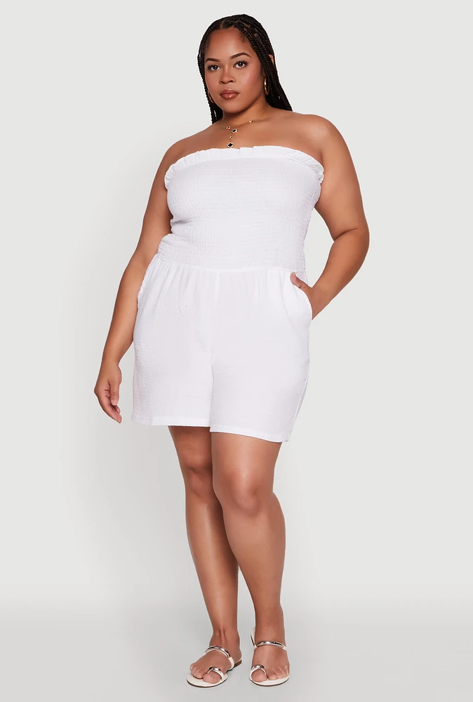 Womens Plus Size Textured Knit Strapless Smocked Romper, White, Size 3X