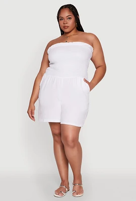 Womens Plus Size Textured Knit Strapless Smocked Romper, White, Size 3X