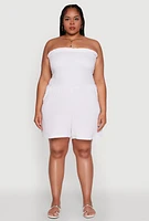 Womens Plus Size Textured Knit Strapless Smocked Romper, White, Size 3X
