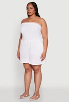 Womens Plus Size Textured Knit Strapless Smocked Romper, White, Size 3X