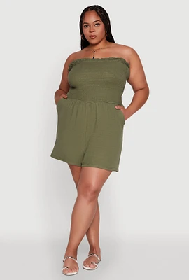 Womens Plus Textured Knit Strapless Smocked Romper,