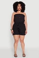 Womens Plus Strapless Tie Waist Belted Romper with Faux Buttons,
