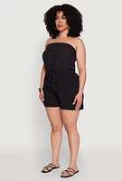 Womens Plus Strapless Tie Waist Belted Romper with Faux Buttons,