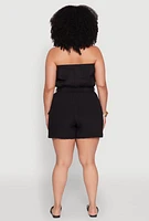Womens Plus Strapless Tie Waist Belted Romper with Faux Buttons,