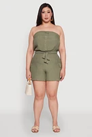 Womens Plus Size Strapless Tie Waist Belted Romper with Faux Buttons, Green, Size 1X