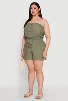 Womens Plus Size Strapless Tie Waist Belted Romper with Faux Buttons, Green, Size 1X