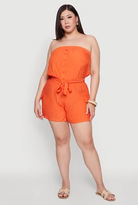 Womens Plus Size Strapless Tie Waist Belted Romper with Faux Buttons, Orange, Size 1X