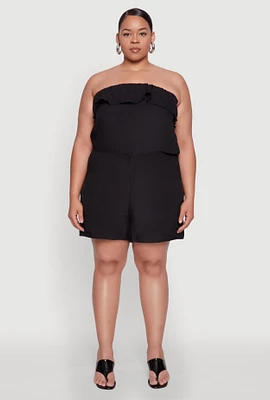 Womens Plus Size Gauze Knit Ruffle Overlay Romper, Black, Size 2X