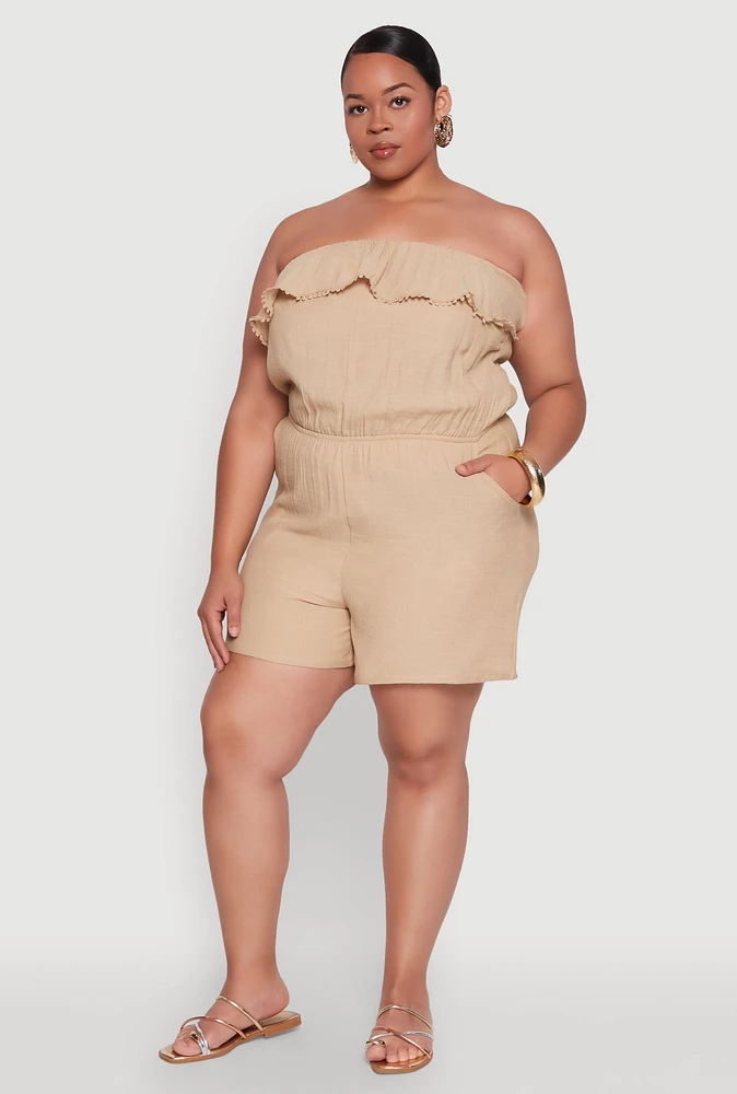 Womens Plus Size Gauze Knit Ruffle Overlay Romper, Beige, Size 3X