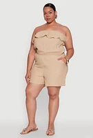 Womens Plus Size Gauze Knit Ruffle Overlay Romper, Beige, Size 3X