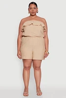 Womens Plus Size Gauze Knit Ruffle Overlay Romper, Beige, Size 3X