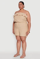 Womens Plus Size Gauze Knit Ruffle Overlay Romper, Beige, Size 2X