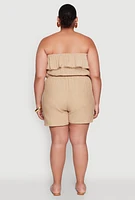 Womens Plus Size Gauze Knit Ruffle Overlay Romper, Beige, Size 3X