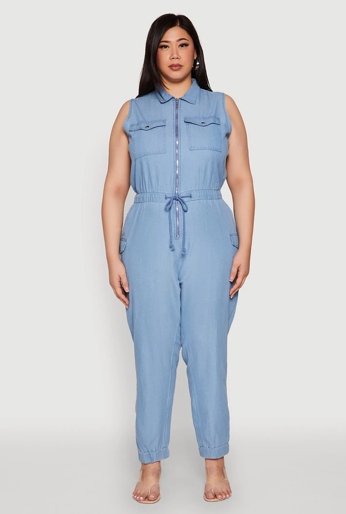 Womens Plus Size Twill Zip Front Jumpsuit, Blue, Size 3X