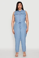 Womens Plus Size Twill Zip Front Jumpsuit, Blue, Size 3X