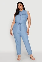 Womens Plus Size Twill Zip Front Jumpsuit, Blue, Size 3X