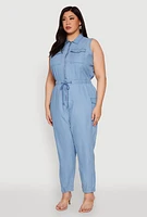 Womens Plus Size Twill Zip Front Jumpsuit, Blue, Size 3X