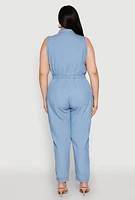 Womens Plus Size Twill Zip Front Jumpsuit, Blue, Size 3X