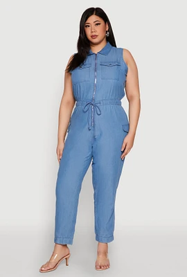 Womens Plus Size Twill Zip Front Jumpsuit, Blue, Size 2X