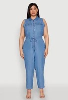 Womens Plus Twill Zip Front Jumpsuit, Blue,