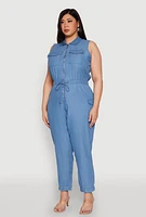 Womens Plus Twill Zip Front Jumpsuit, Blue,
