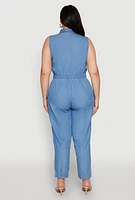 Womens Plus Twill Zip Front Jumpsuit, Blue,
