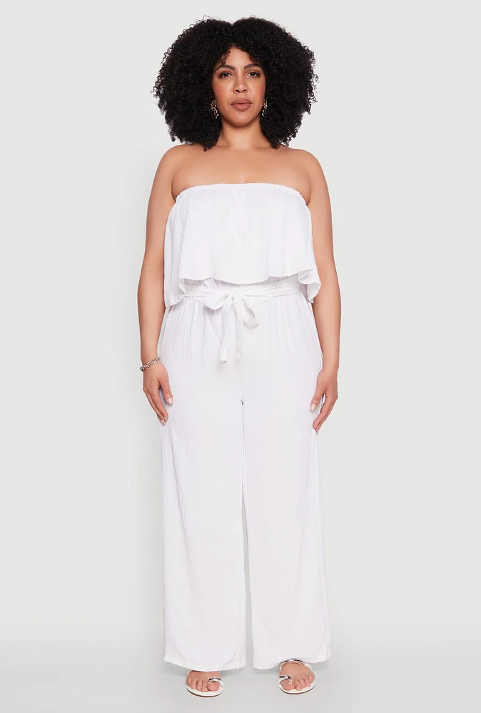 Womens Plus Size Ruffle Overlay Jumpsuit, White, Size 2X