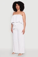 Womens Plus Size Ruffle Overlay Jumpsuit, White, Size 2X
