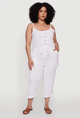 Womens Plus Size Sleeveless Cargo Jumpsuit with Rolled Cuffs, White, Size 3X