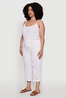 Womens Plus Size Sleeveless Cargo Jumpsuit with Rolled Cuffs, White, Size 3X