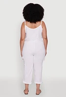 Womens Plus Size Sleeveless Cargo Jumpsuit with Rolled Cuffs, White, Size 3X