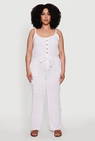 Womens Plus Size Sleeveless Cargo Jumpsuit with Rolled Cuffs, White, Size 3X