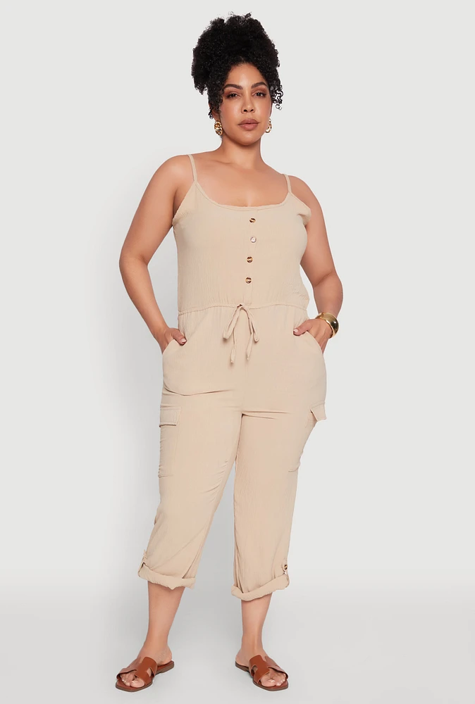Womens Plus Sleeveless Cargo Jumpsuit with Rolled Cuffs,