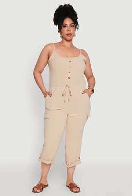 Womens Plus Sleeveless Cargo Jumpsuit with Rolled Cuffs,