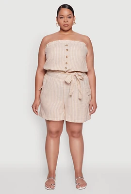 Womens Plus Size Tie Waist Belted Pinstripe Romper, Khaki, Size 1X