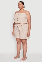 Womens Plus Size Tie Waist Belted Pinstripe Romper, Khaki, Size 1X