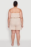Womens Plus Size Tie Waist Belted Pinstripe Romper, Khaki, Size 1X